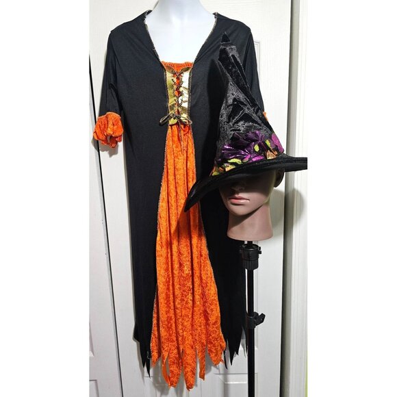 Girls Witch Costume Dress Polka Dot Velvet Hat Halloween Orange Rubie's Vintage - Picture 1 of 7
